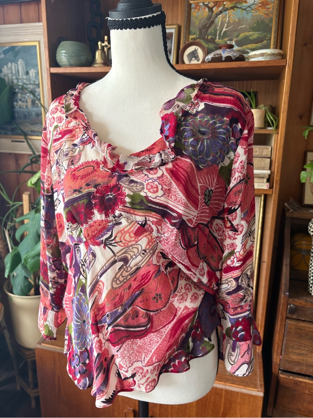 Y2K Whimsigoth Fairycore Floral Paisley Ruffle Sheer Blouse Top L